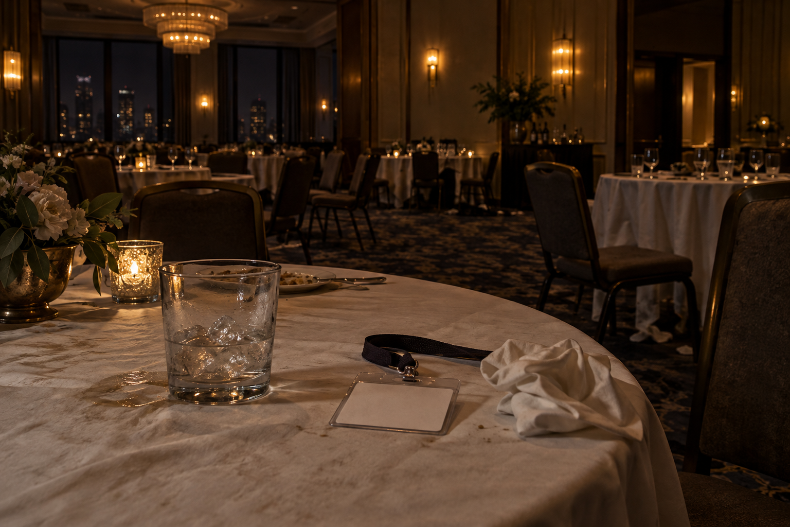 An empty hotel banquet room after the guests have left, with a forgotten glass and name badge on the table