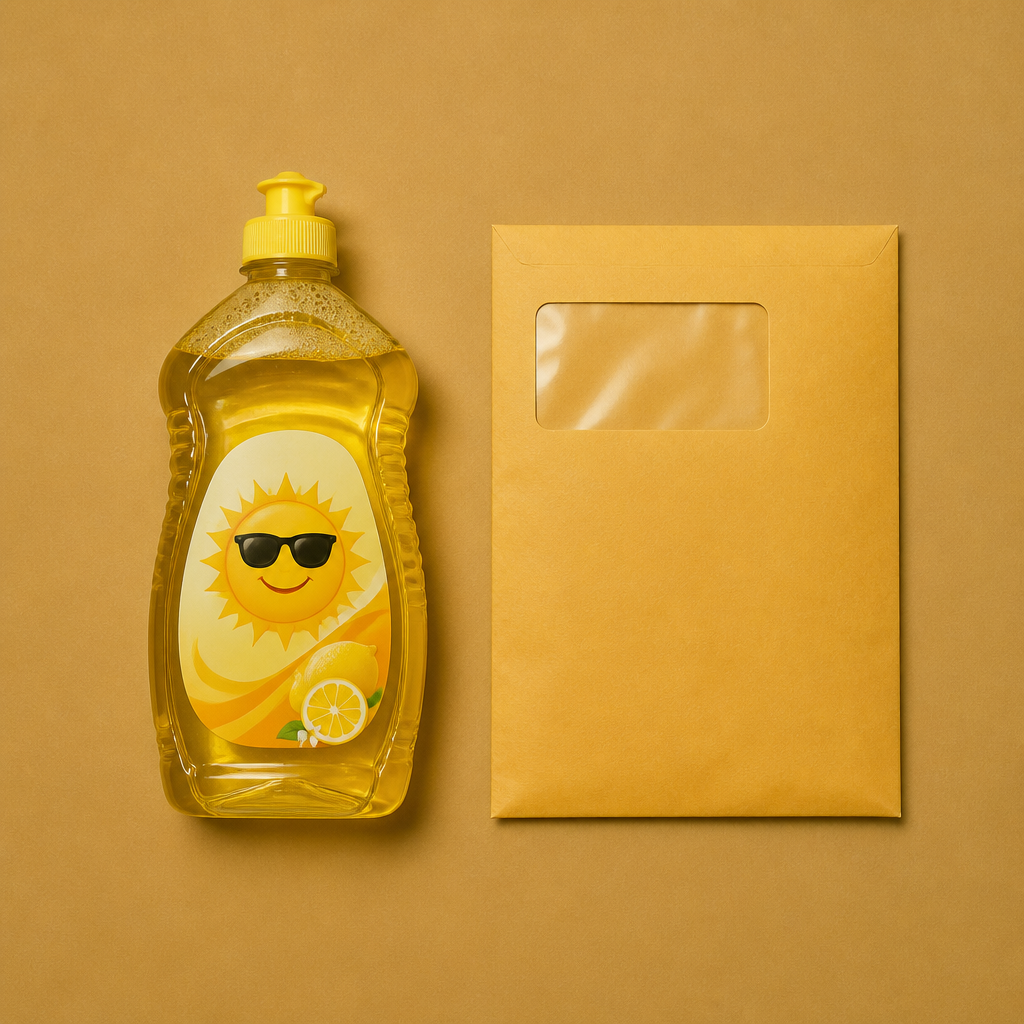 A bottle of lemon cleaner beside a sealed window envelope on a yellow background