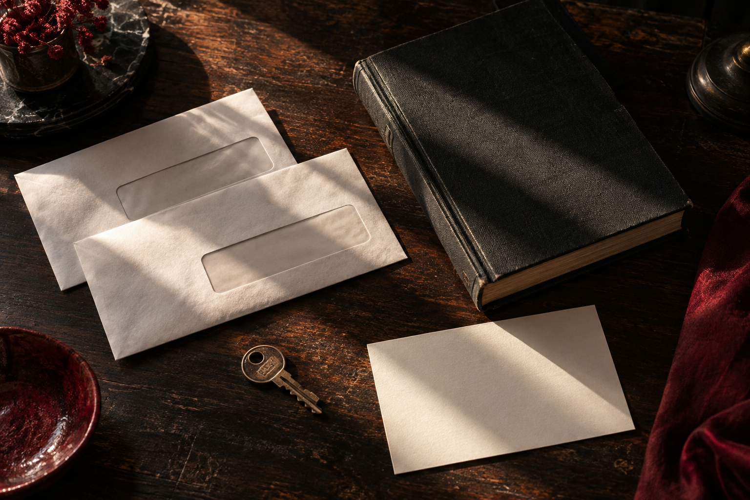 Unopened envelopes, an old key, and a closed ledger in a strip of afternoon light